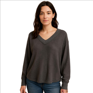 Free People Gray Charcoal Waffle Knit Long Balloon Sleeve Off Shoulder Vneck Top